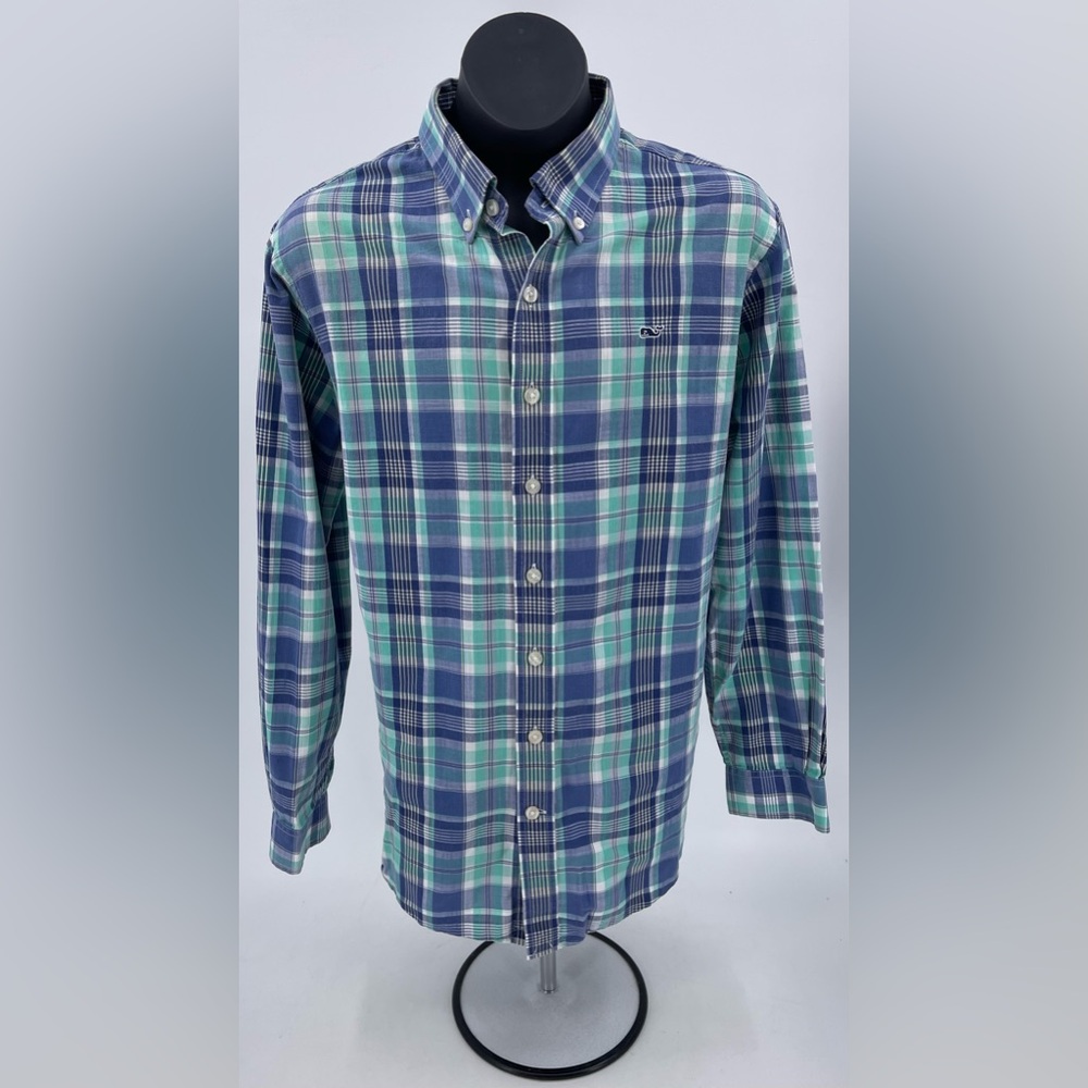 Vineyard Vines Whale Shirt Aqua Blue & Pink Plaid Cotton Preppy Boys L‎ (16-18)
